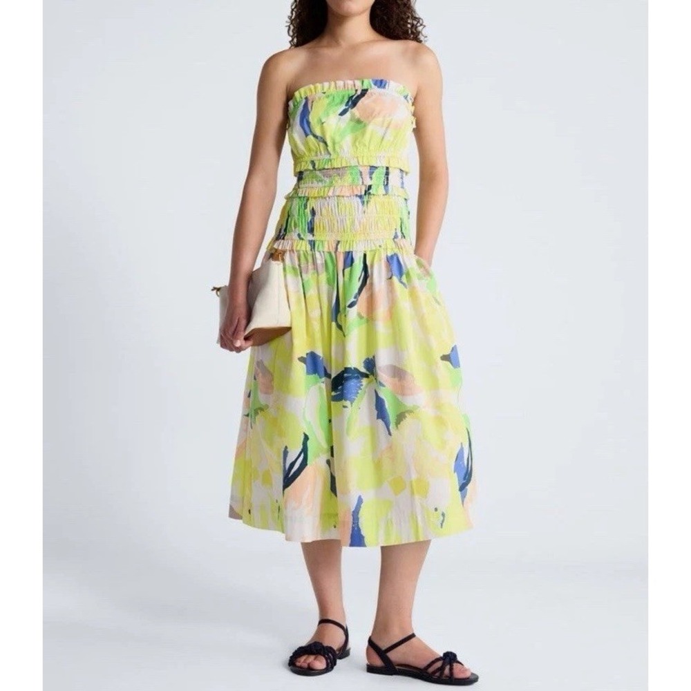 Free Assembly Women's Strapless Cotton Poplin Tiered Yellow Floral Midi Dress